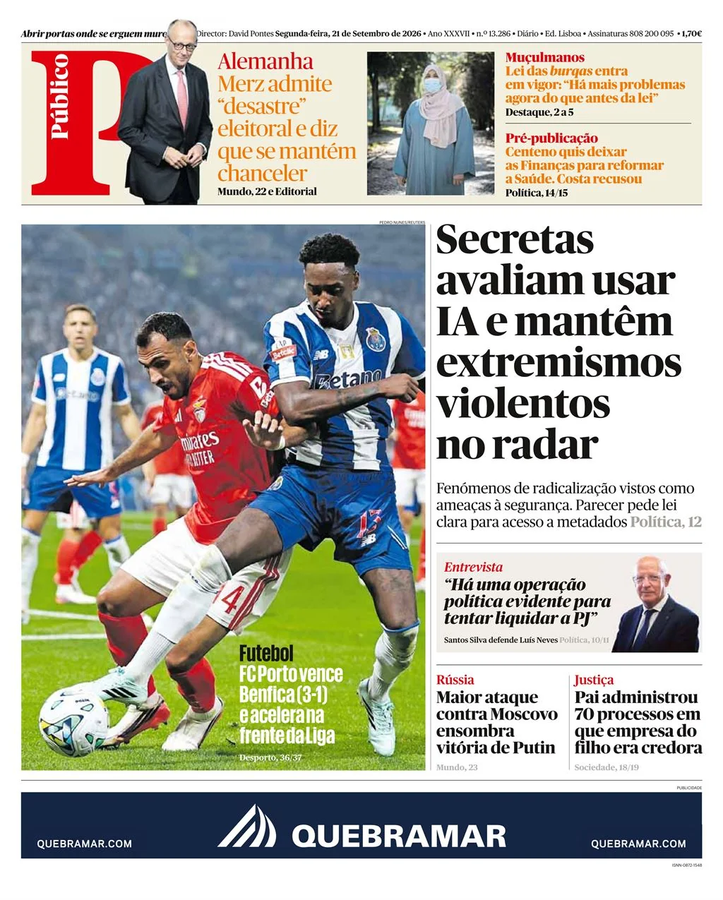 Capa do Público de segunda-feira, 21 de setembro de 2026