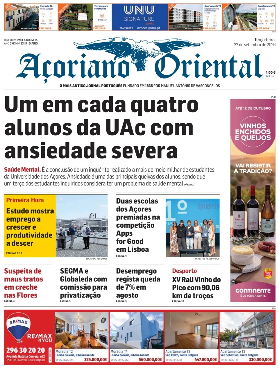 Capa do Açoriano Oriental de terça-feira, 22 de setembro de 2026