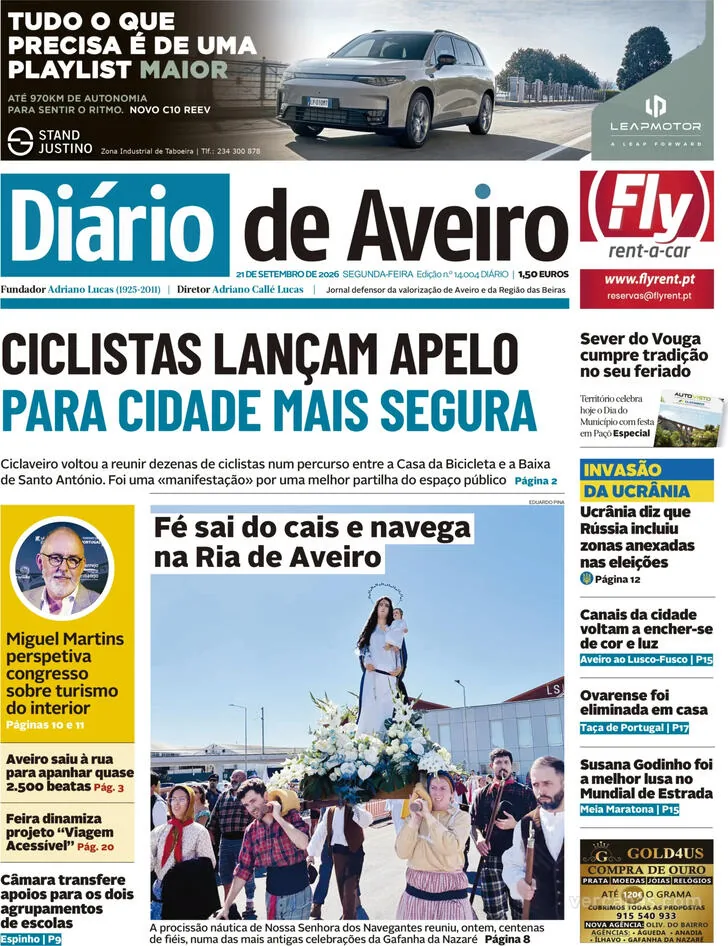 Capa do Diário de Aveiro de terça-feira, 22 de setembro de 2026