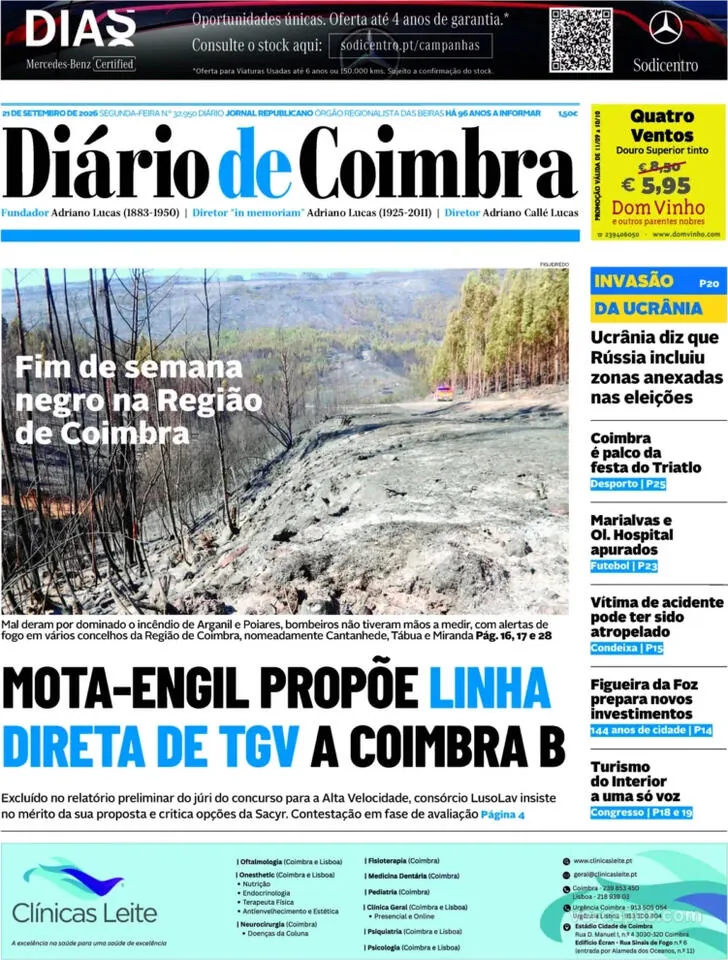 Capa do Diário de Coimbra de terça-feira, 22 de setembro de 2026