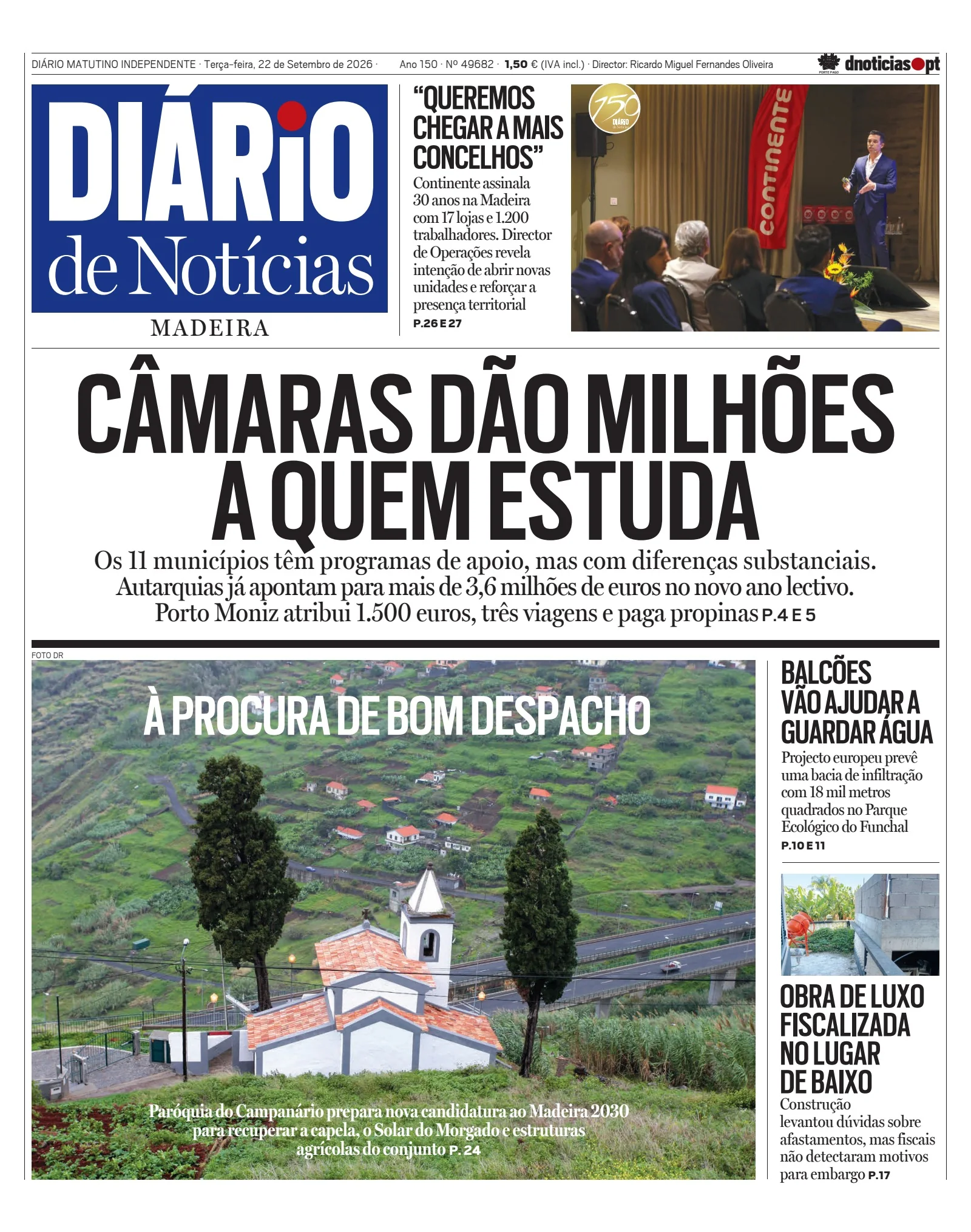 Capa do Diário de Notícias da Madeira de terça-feira, 22 de setembro de 2026