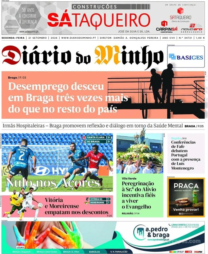 Capa do Diário do Minho de terça-feira, 22 de setembro de 2026