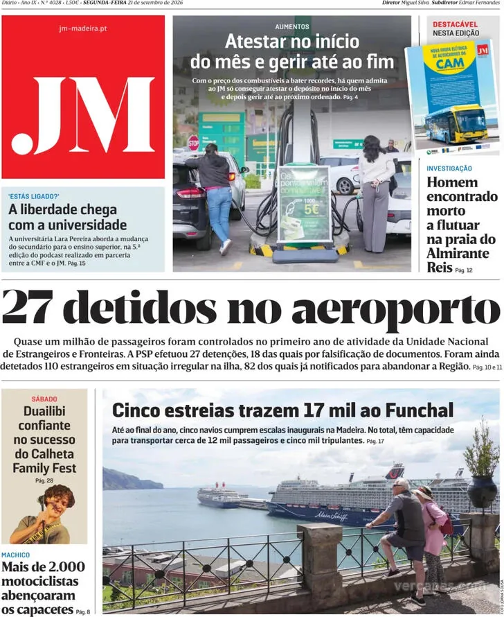 Capa do Jornal da Madeira de terça-feira, 22 de setembro de 2026