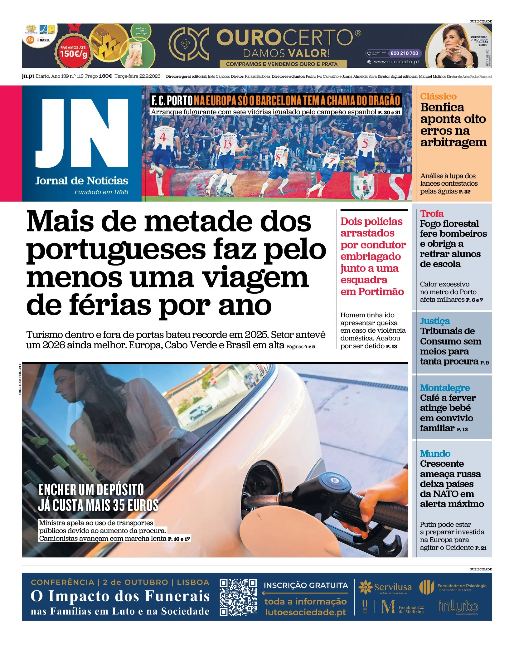 Capa do Jornal de Notícias de terça-feira, 22 de setembro de 2026