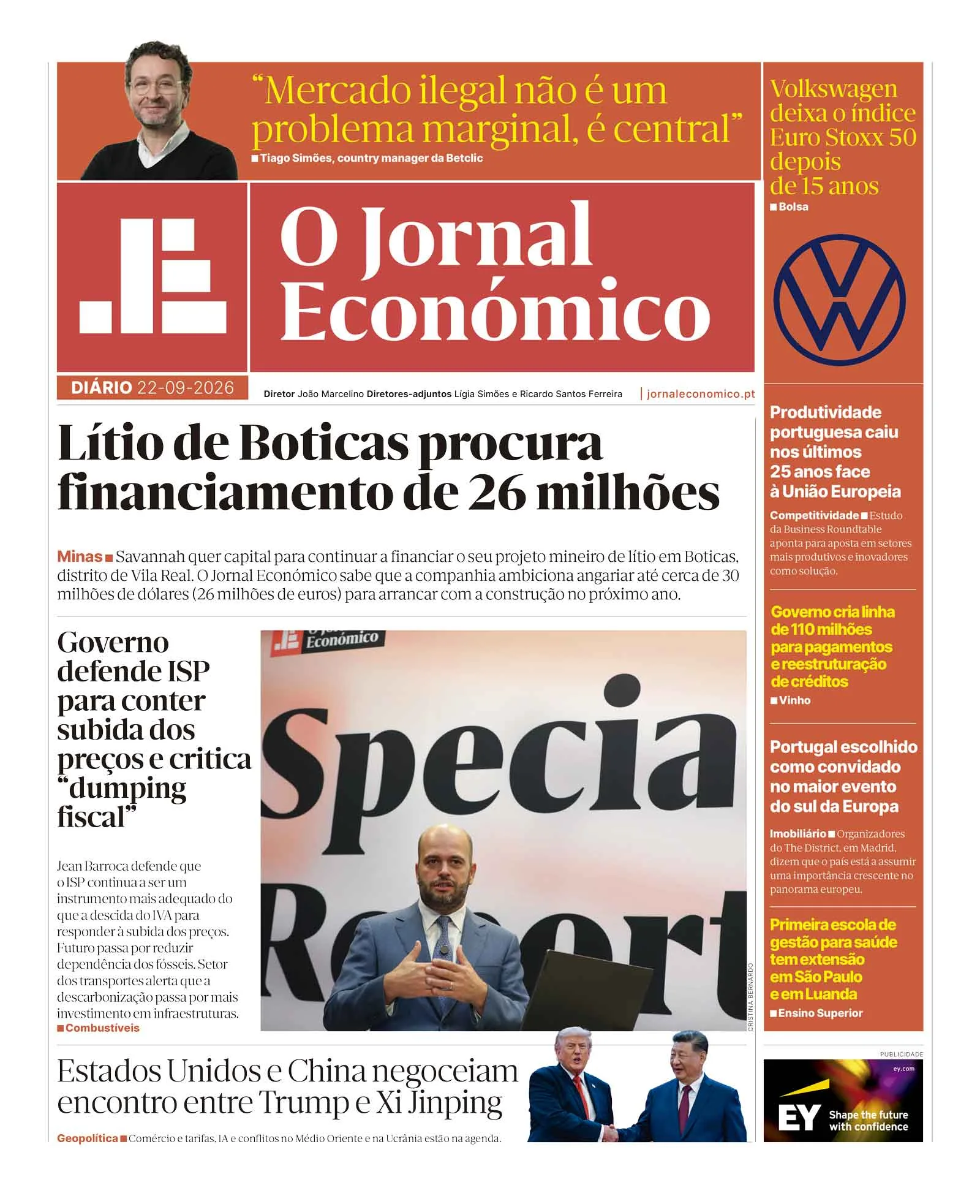 Capa do Jornal Económico de terça-feira, 22 de setembro de 2026