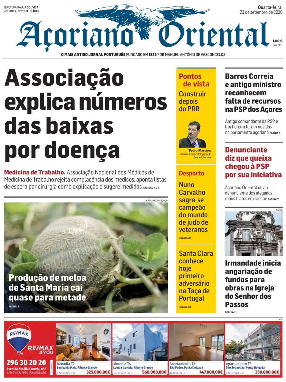 Capa do Açoriano Oriental de quarta-feira, 23 de setembro de 2026