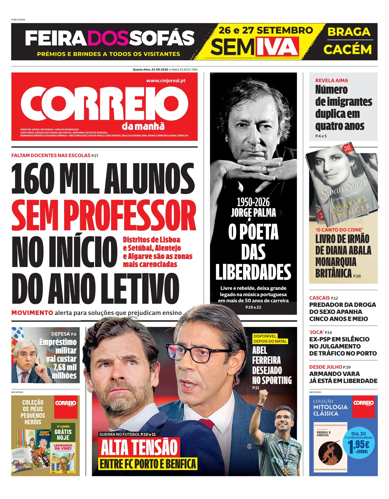 Capa do Correio da Manhã de quarta-feira, 23 de setembro de 2026