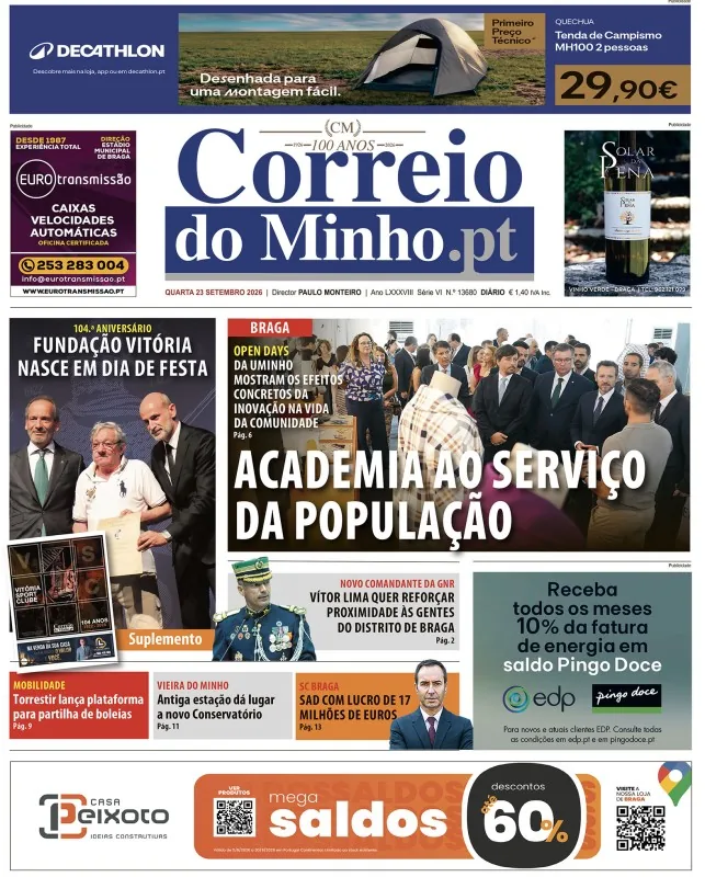 Capa do Correio do Minho de quarta-feira, 23 de setembro de 2026