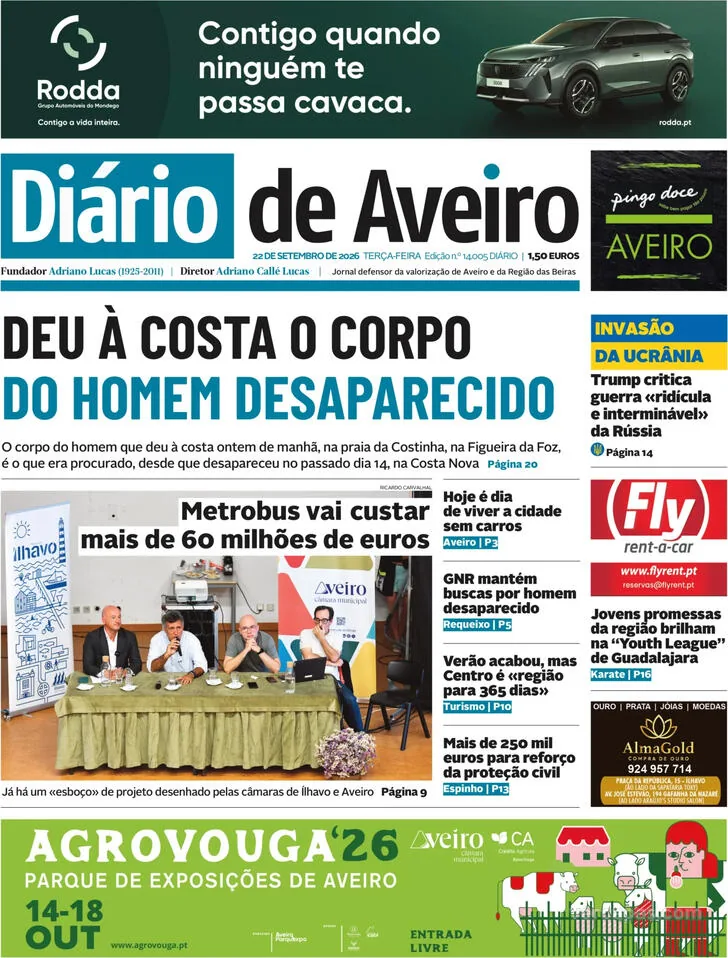 Capa do Diário de Aveiro de quarta-feira, 23 de setembro de 2026