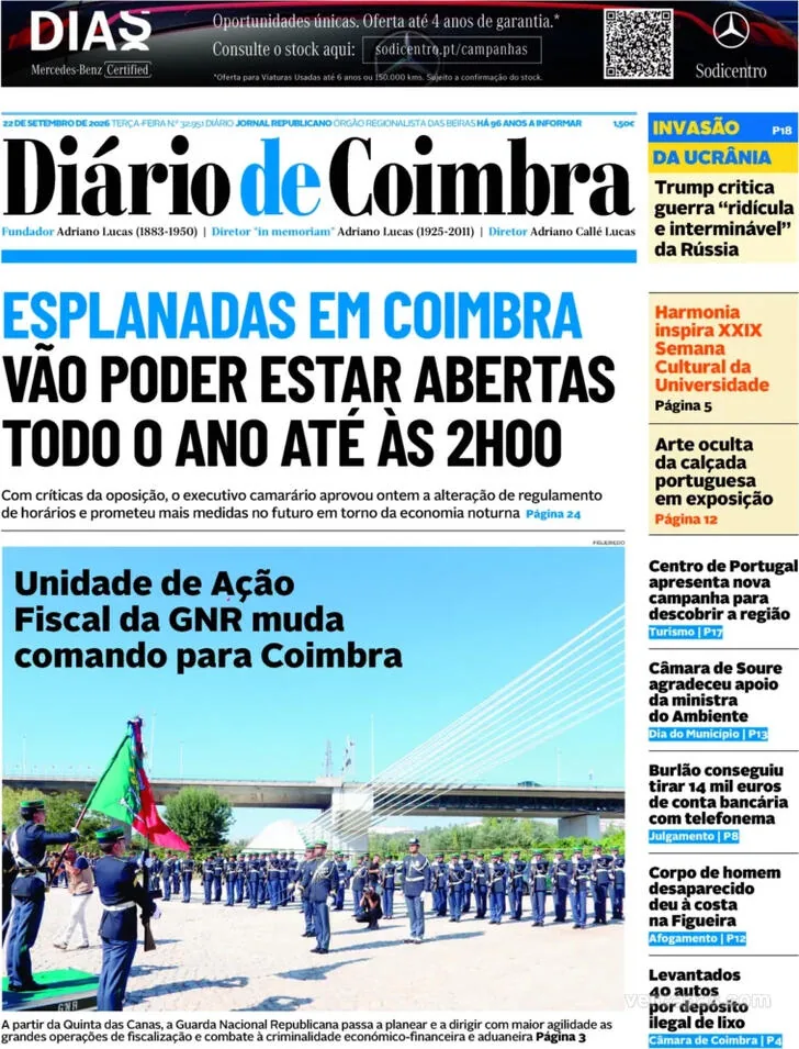 Capa do Diário de Coimbra de quarta-feira, 23 de setembro de 2026
