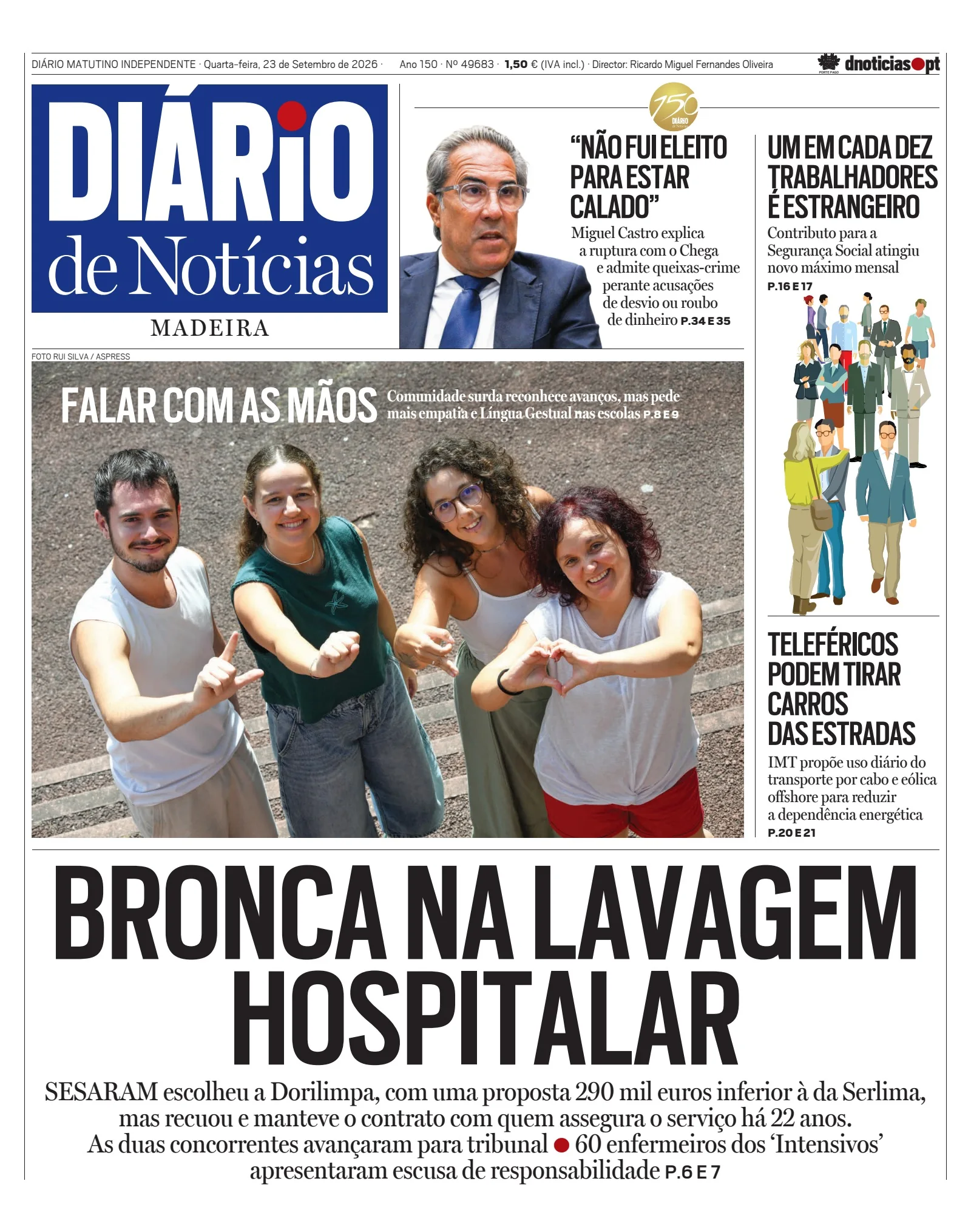 Capa do Diário de Notícias da Madeira de quarta-feira, 23 de setembro de 2026