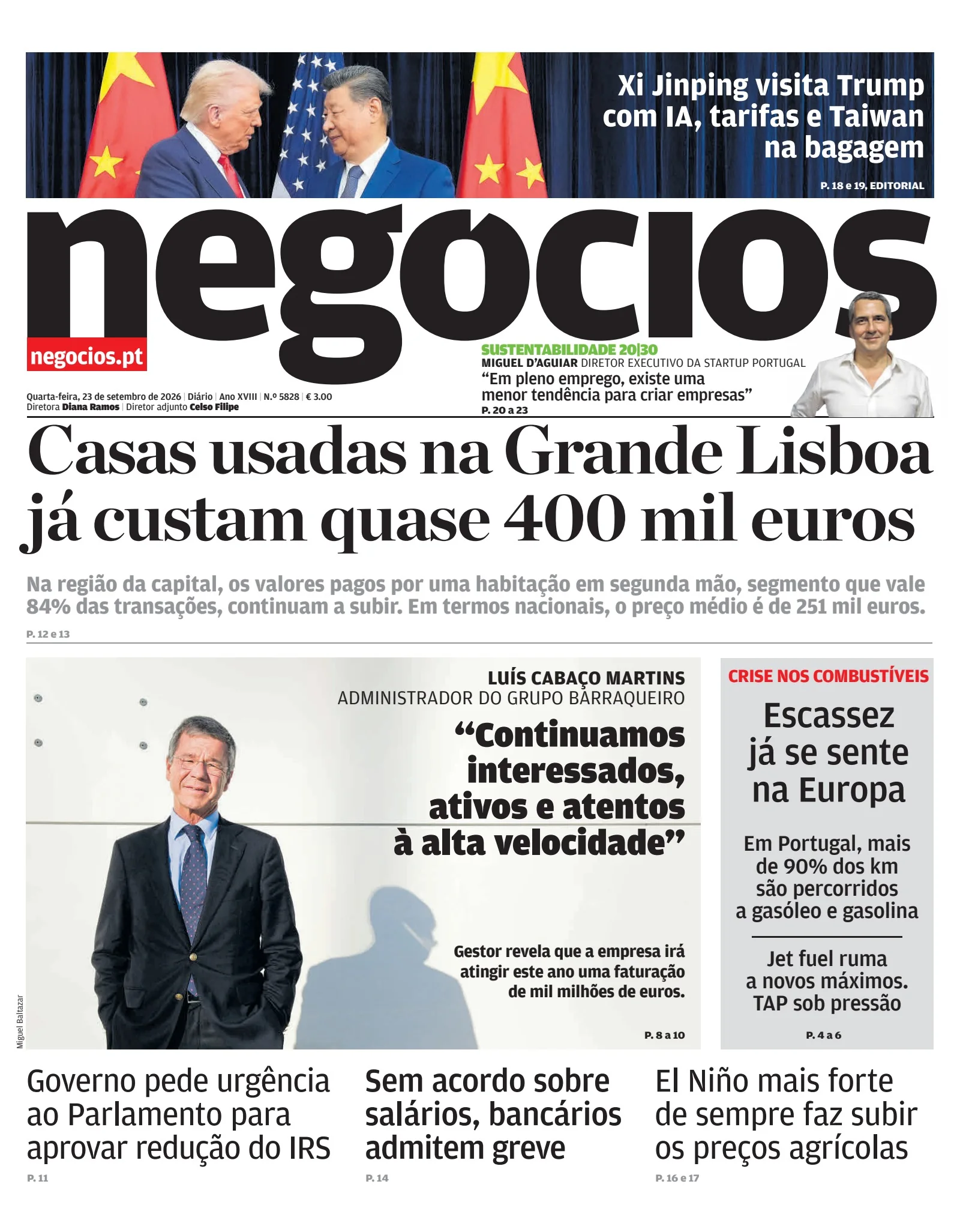 Capa do Jornal de Negócios de quarta-feira, 23 de setembro de 2026