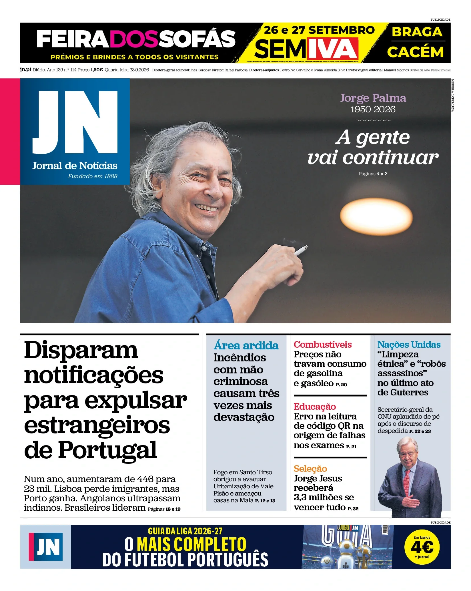 Capa do Jornal de Notícias de quarta-feira, 23 de setembro de 2026