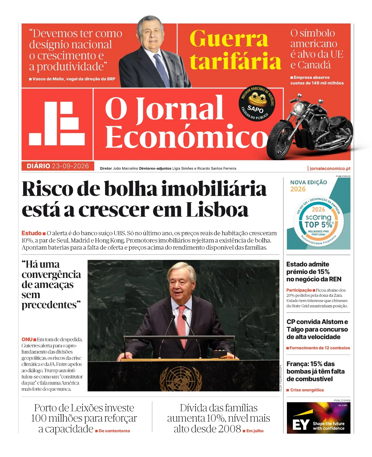 Capa do Jornal Económico de quarta-feira, 23 de setembro de 2026