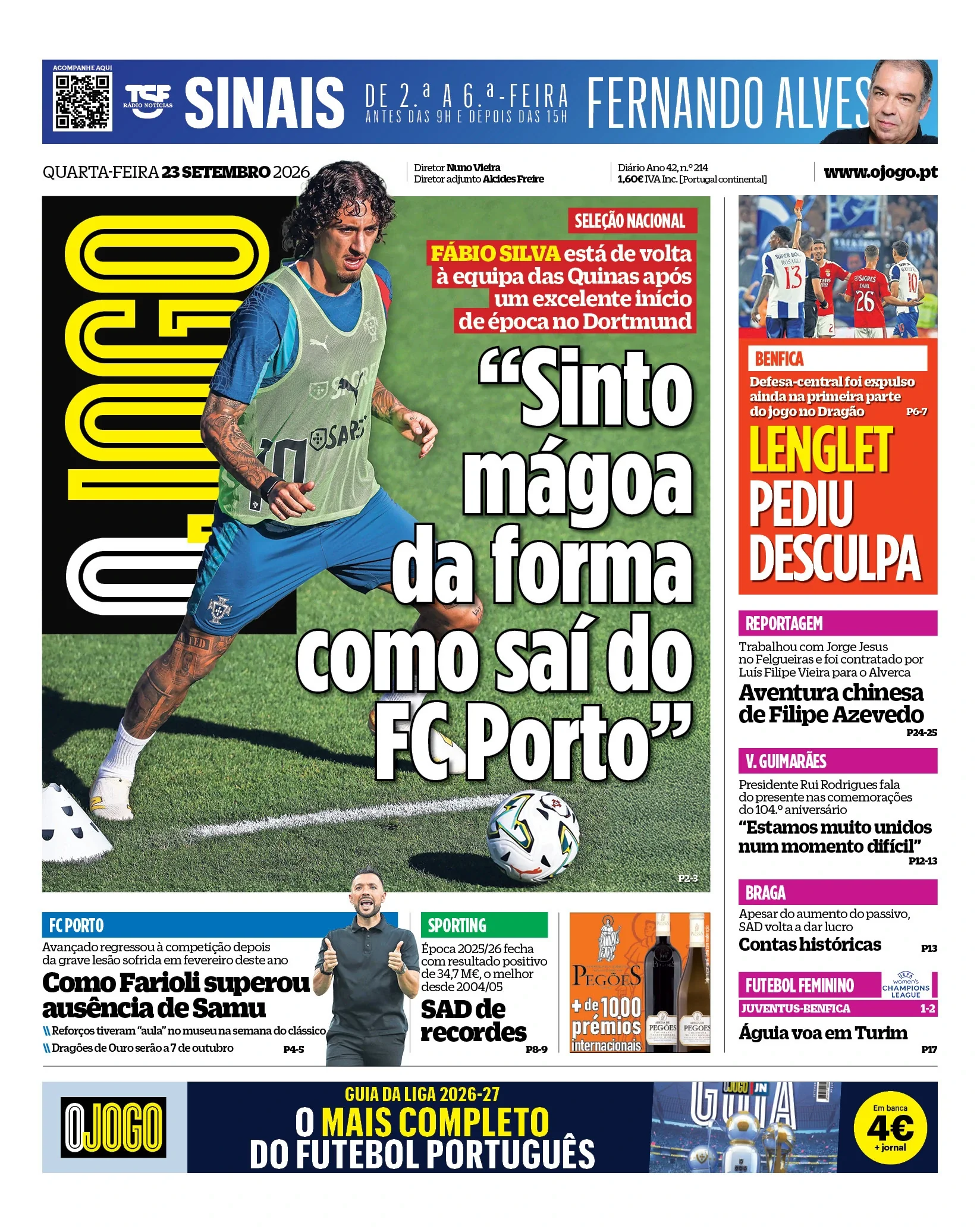 Capa do O Jogo de quarta-feira, 23 de setembro de 2026