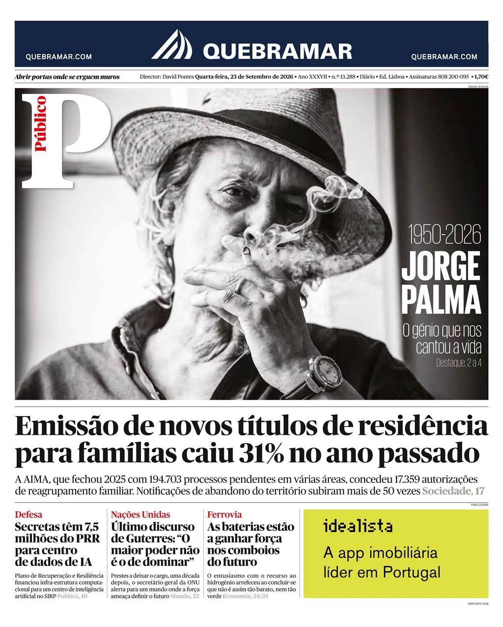 Capa do Público de quarta-feira, 23 de setembro de 2026