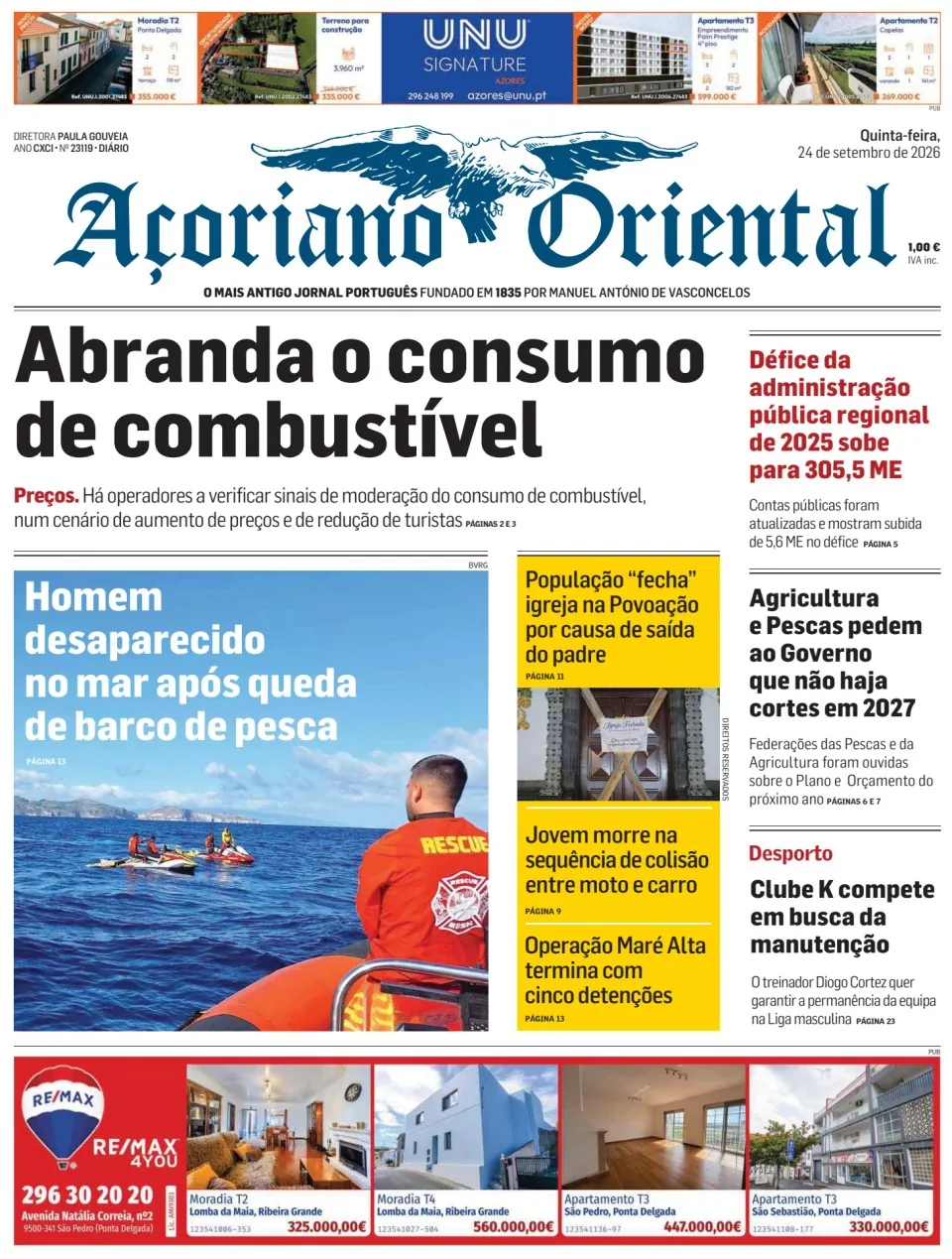 Capa do Açoriano Oriental de quinta-feira, 24 de setembro de 2026