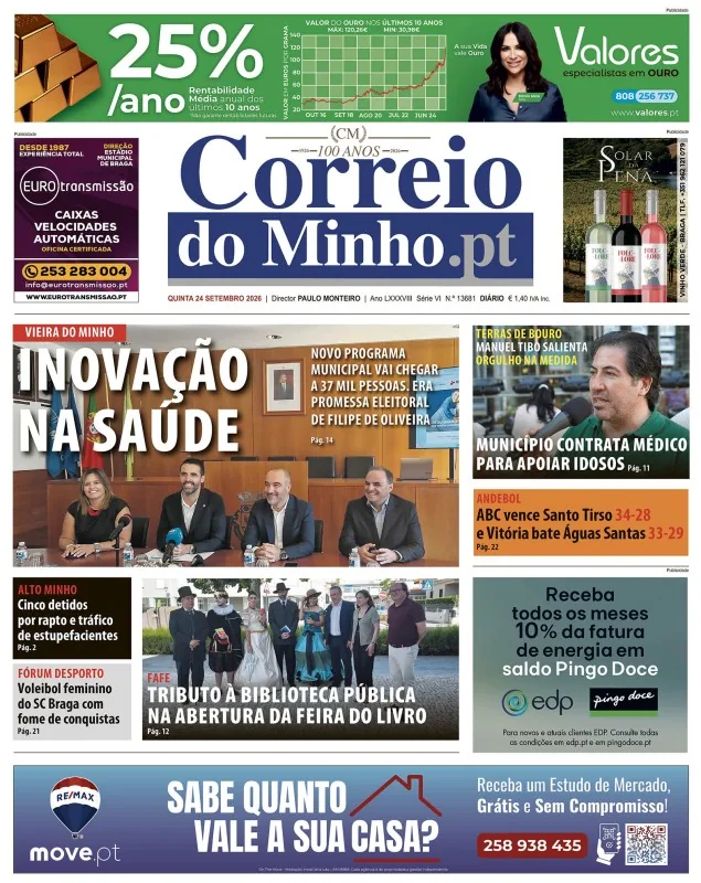 Capa do Correio do Minho de quinta-feira, 24 de setembro de 2026