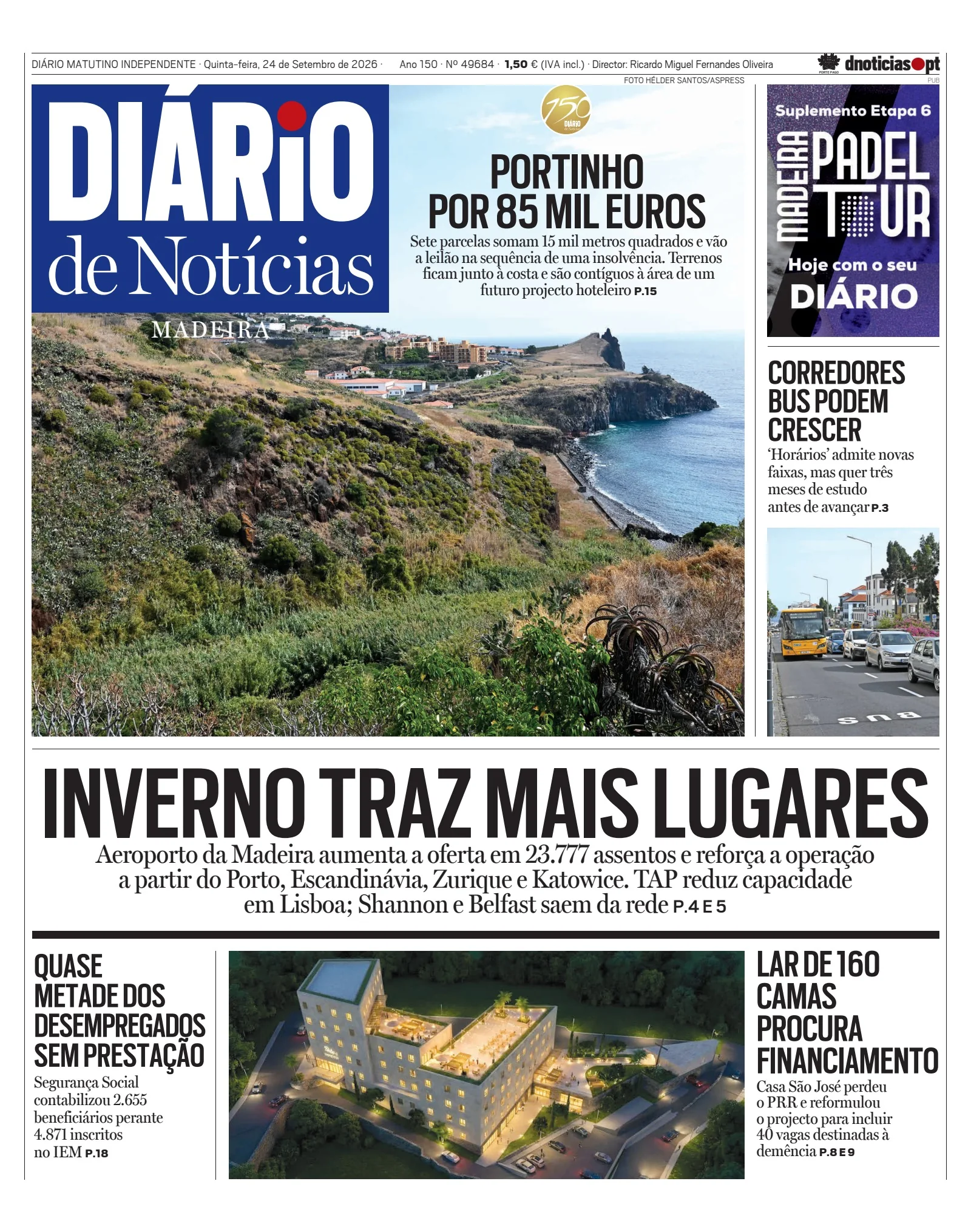 Capa do Diário de Notícias da Madeira de quinta-feira, 24 de setembro de 2026