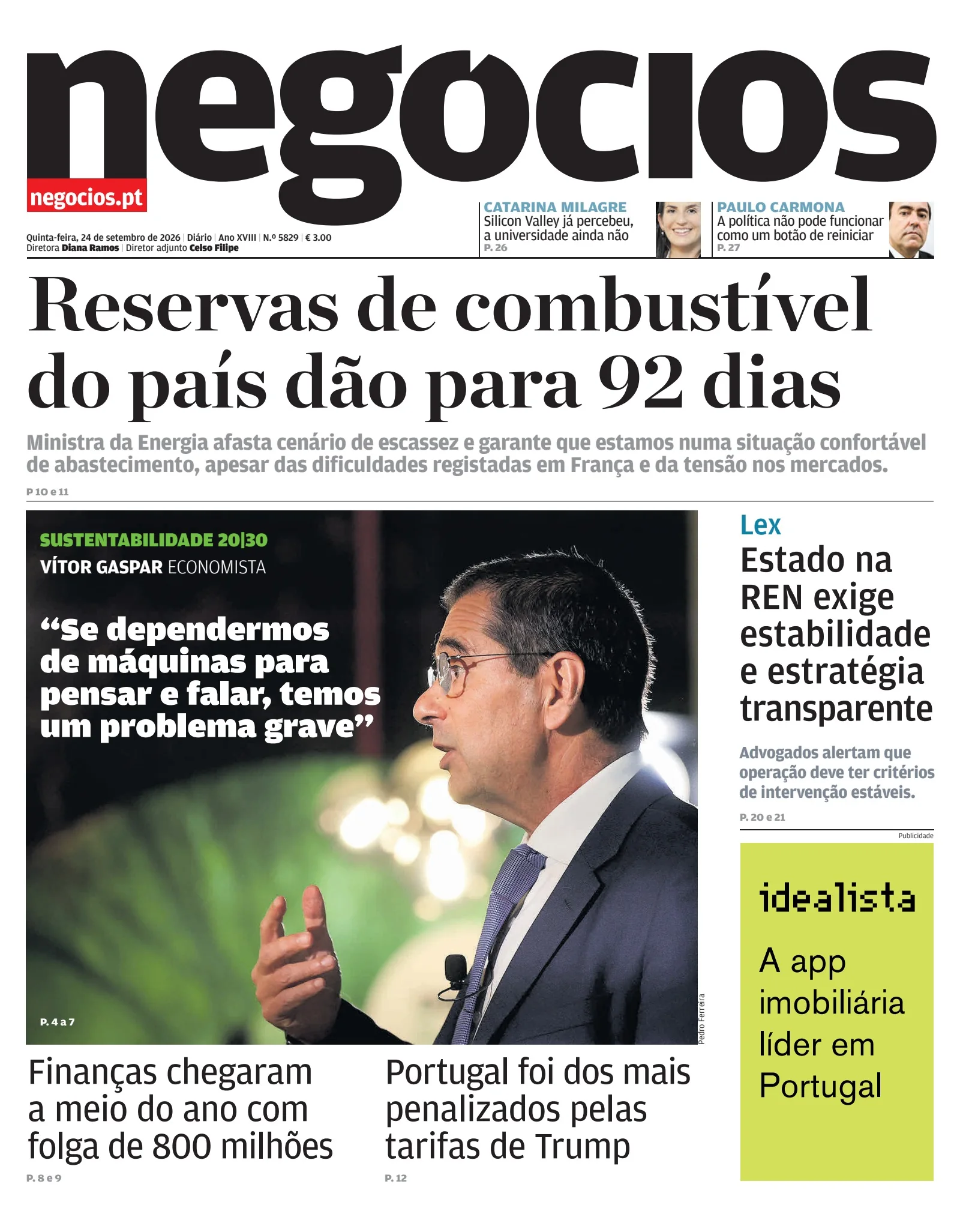 Capa do Jornal de Negócios de quinta-feira, 24 de setembro de 2026