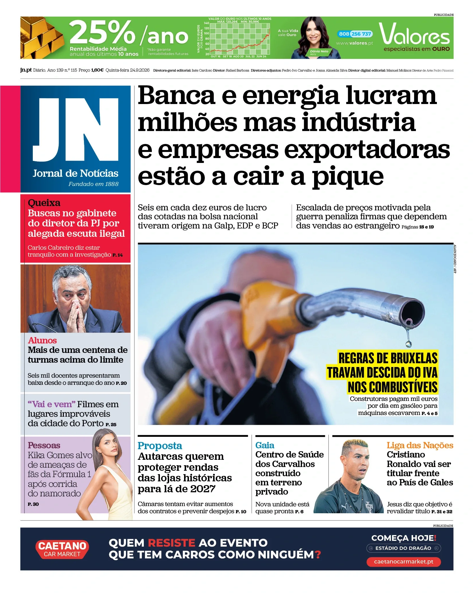 Capa do Jornal de Notícias de quinta-feira, 24 de setembro de 2026
