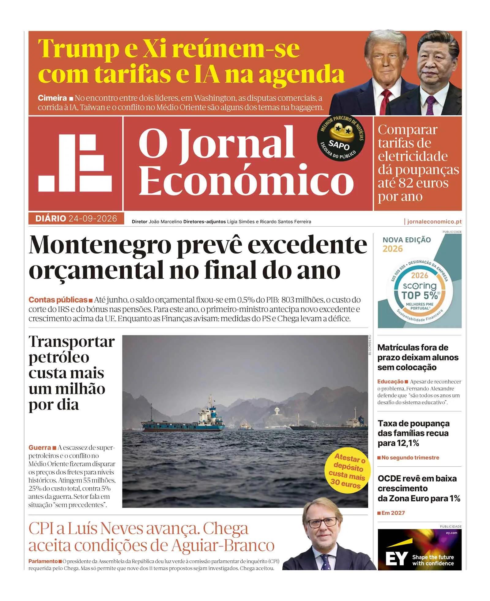 Capa do Jornal Económico de quinta-feira, 24 de setembro de 2026