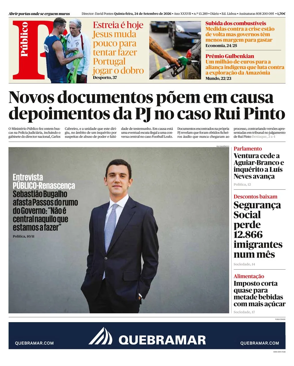 Capa do Público de quinta-feira, 24 de setembro de 2026