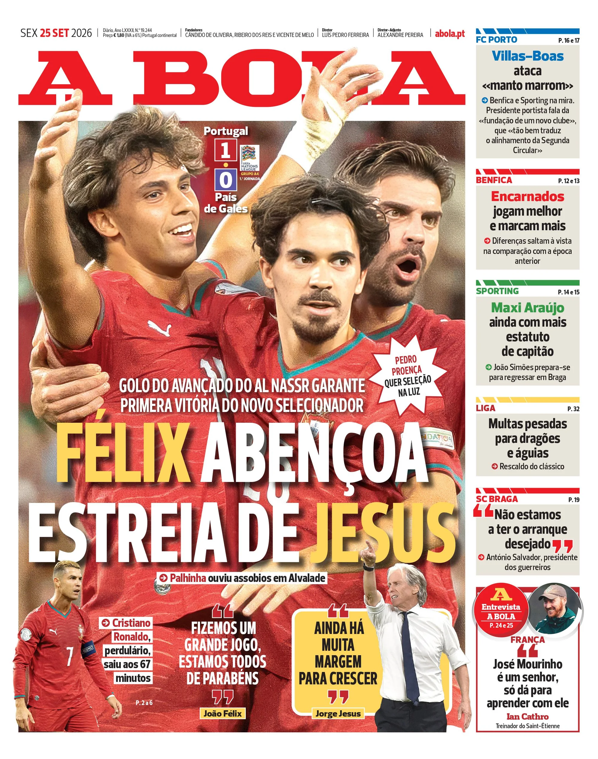 Capa do A Bola de sexta-feira, 25 de setembro de 2026