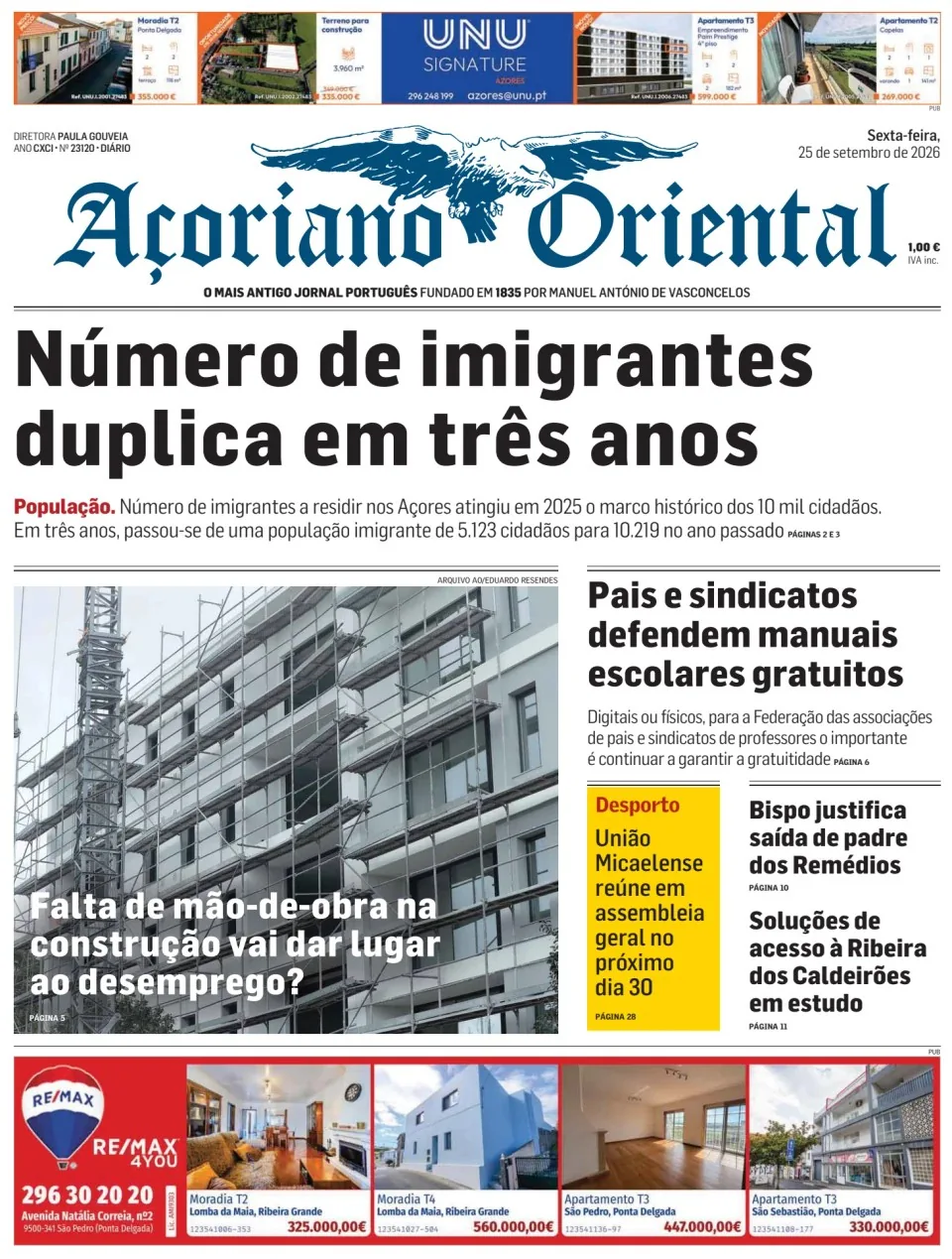 Capa do Açoriano Oriental de sexta-feira, 25 de setembro de 2026