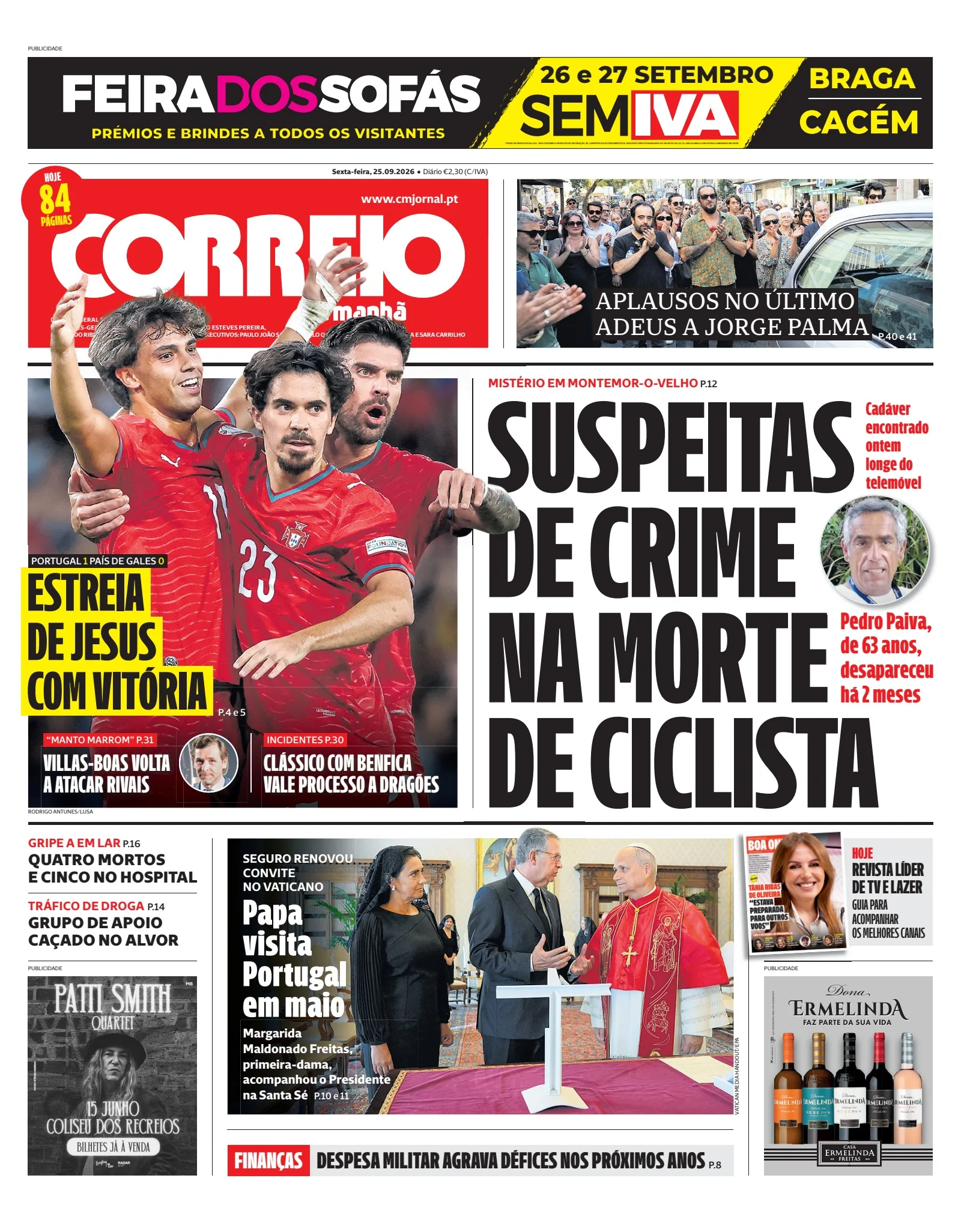 Capa do Correio da Manhã de sexta-feira, 25 de setembro de 2026