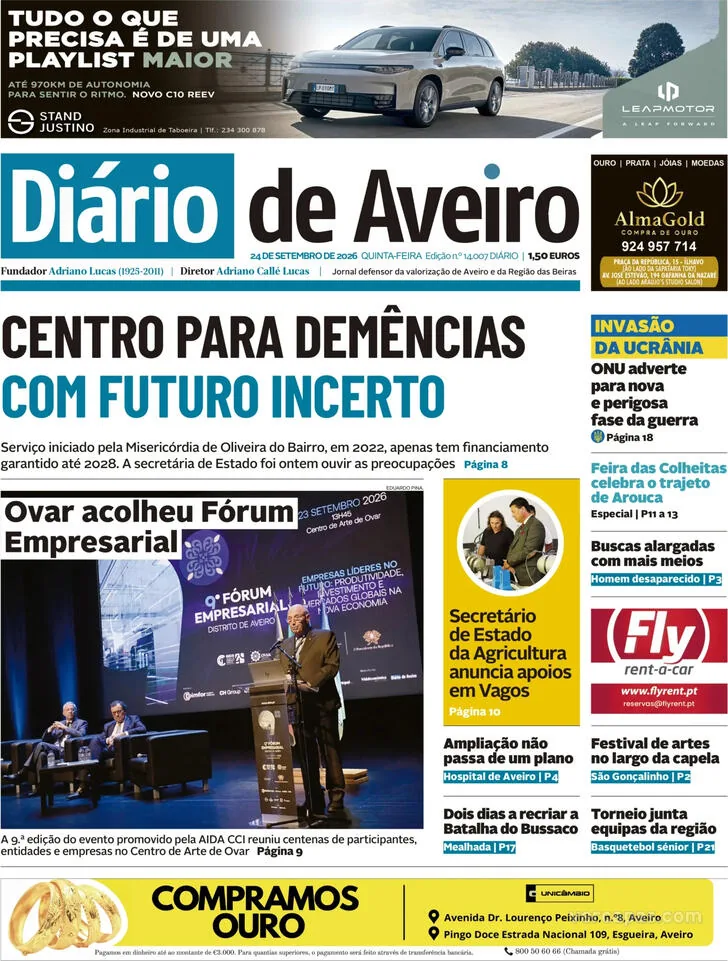 Capa do Diário de Aveiro de sexta-feira, 25 de setembro de 2026