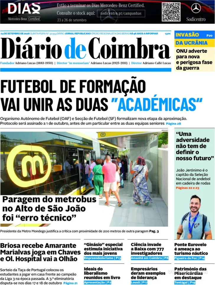 Capa do Diário de Coimbra de sexta-feira, 25 de setembro de 2026