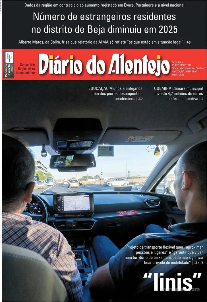 Capa do Diário do Alentejo de sexta-feira, 25 de setembro de 2026