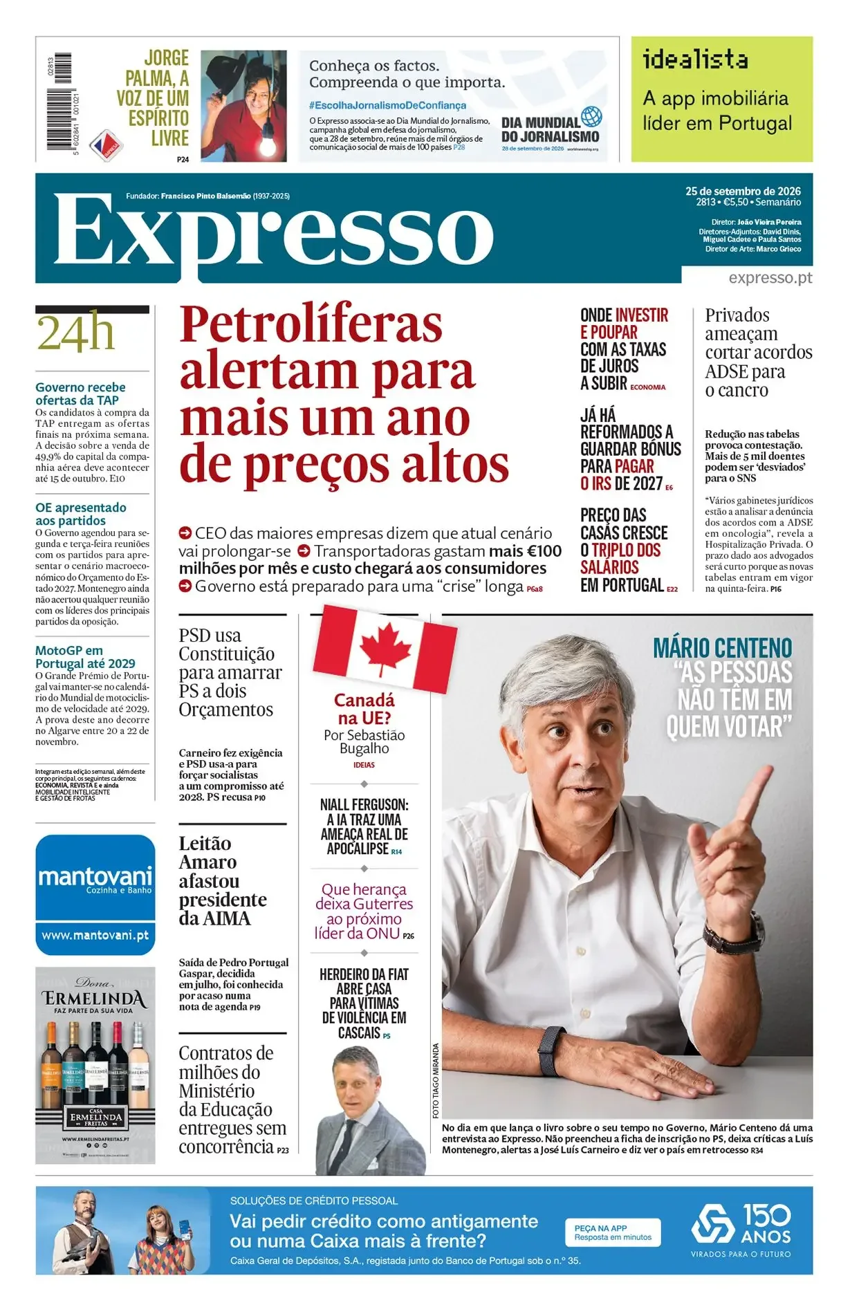 Capa do Expresso de sexta-feira, 25 de setembro de 2026