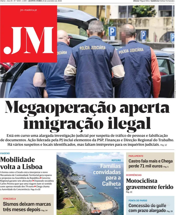 Capa do Jornal da Madeira de sexta-feira, 25 de setembro de 2026