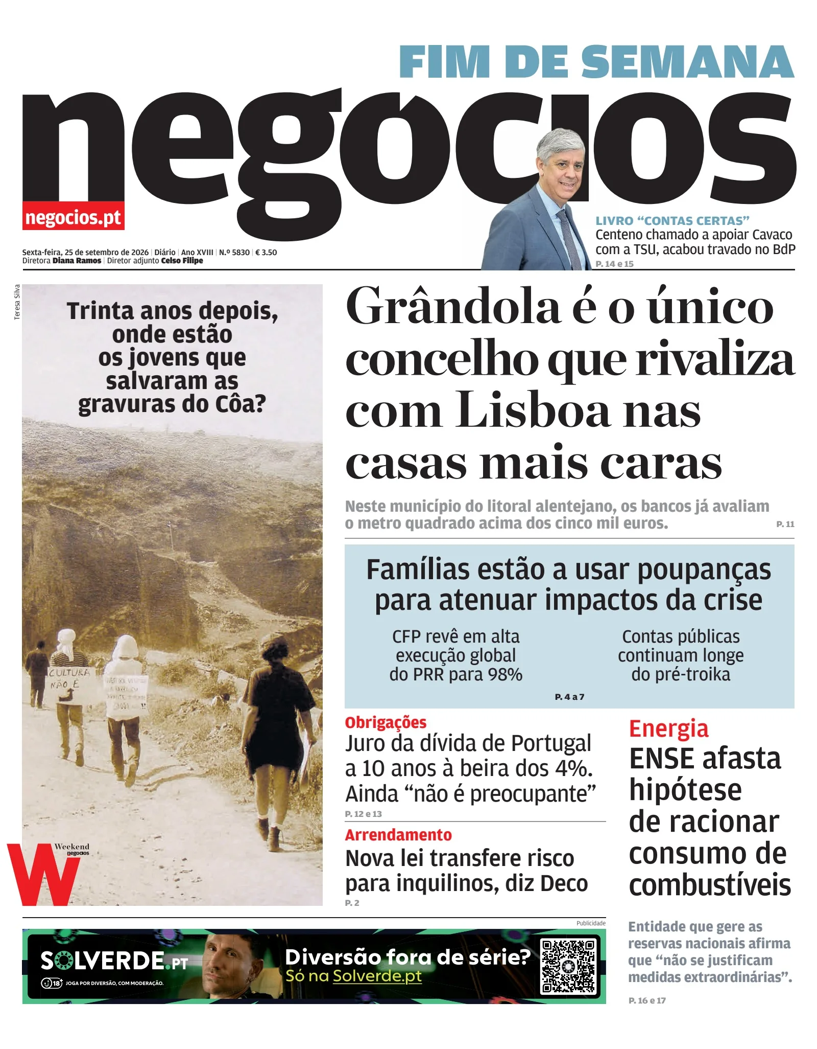 Capa do Jornal de Negócios de sexta-feira, 25 de setembro de 2026