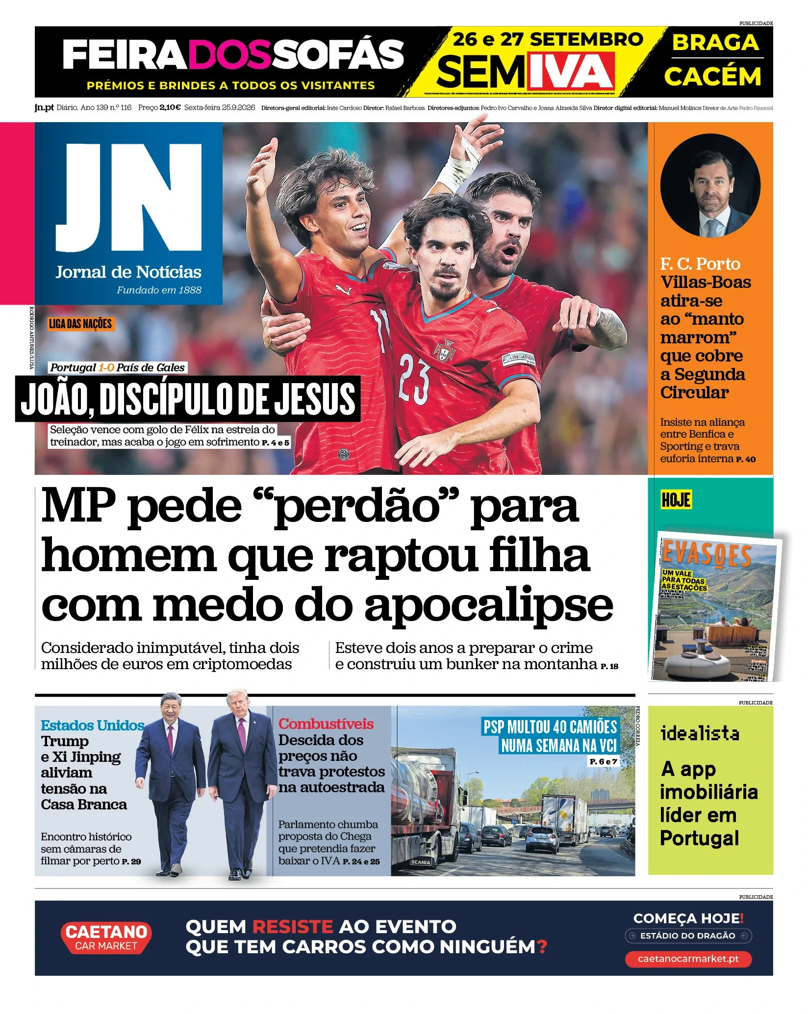 Capa do Jornal de Notícias de sexta-feira, 25 de setembro de 2026