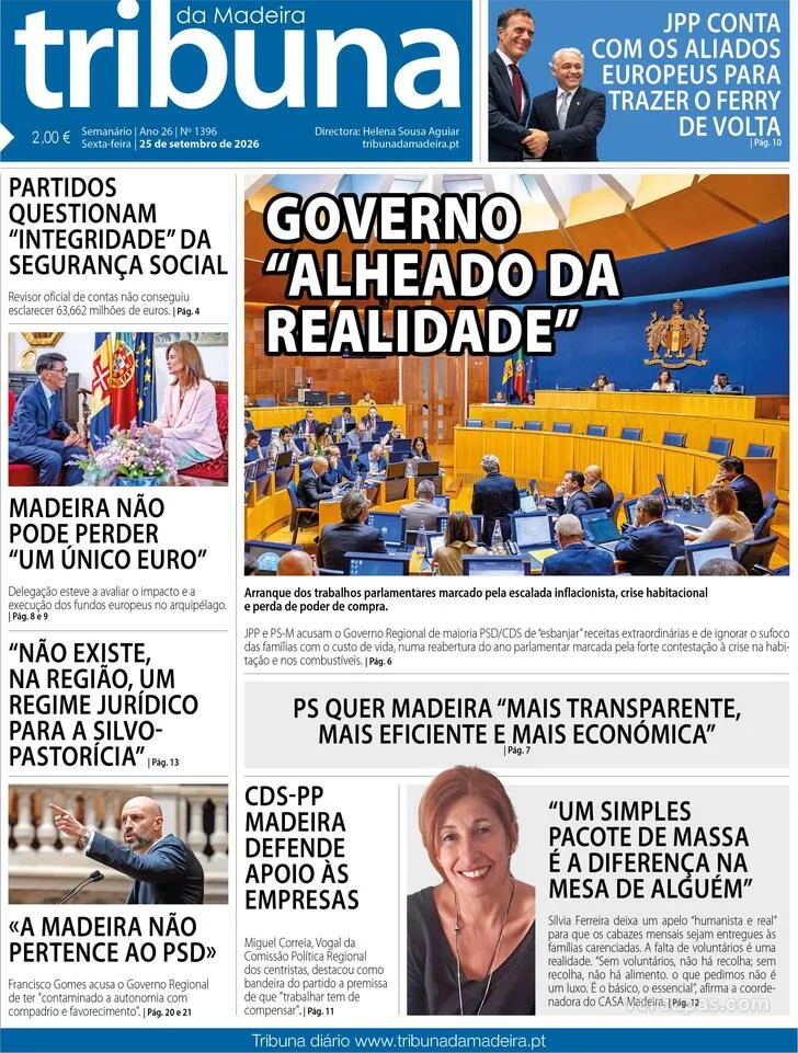 Capa do Tribuna da Madeira de sexta-feira, 25 de setembro de 2026