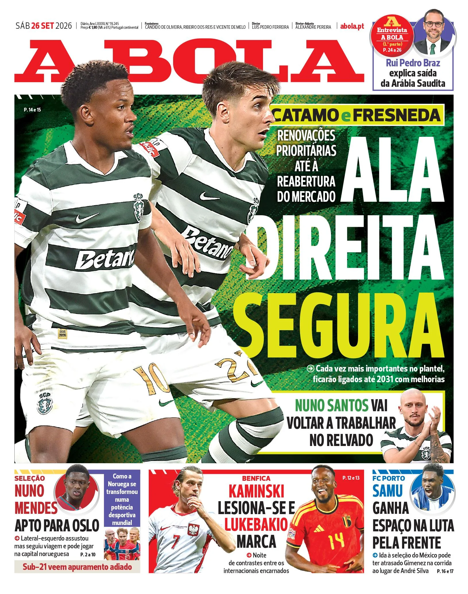 Capa do A Bola de sábado, 26 de setembro de 2026