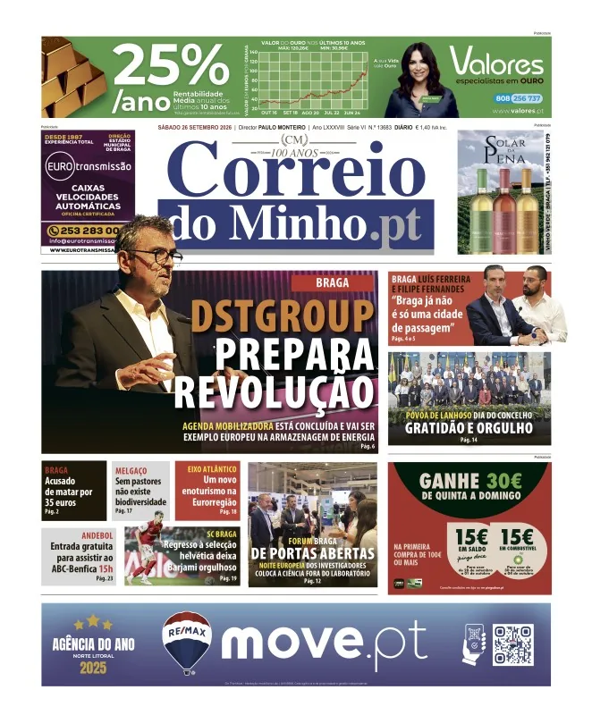Capa do Correio do Minho de sábado, 26 de setembro de 2026