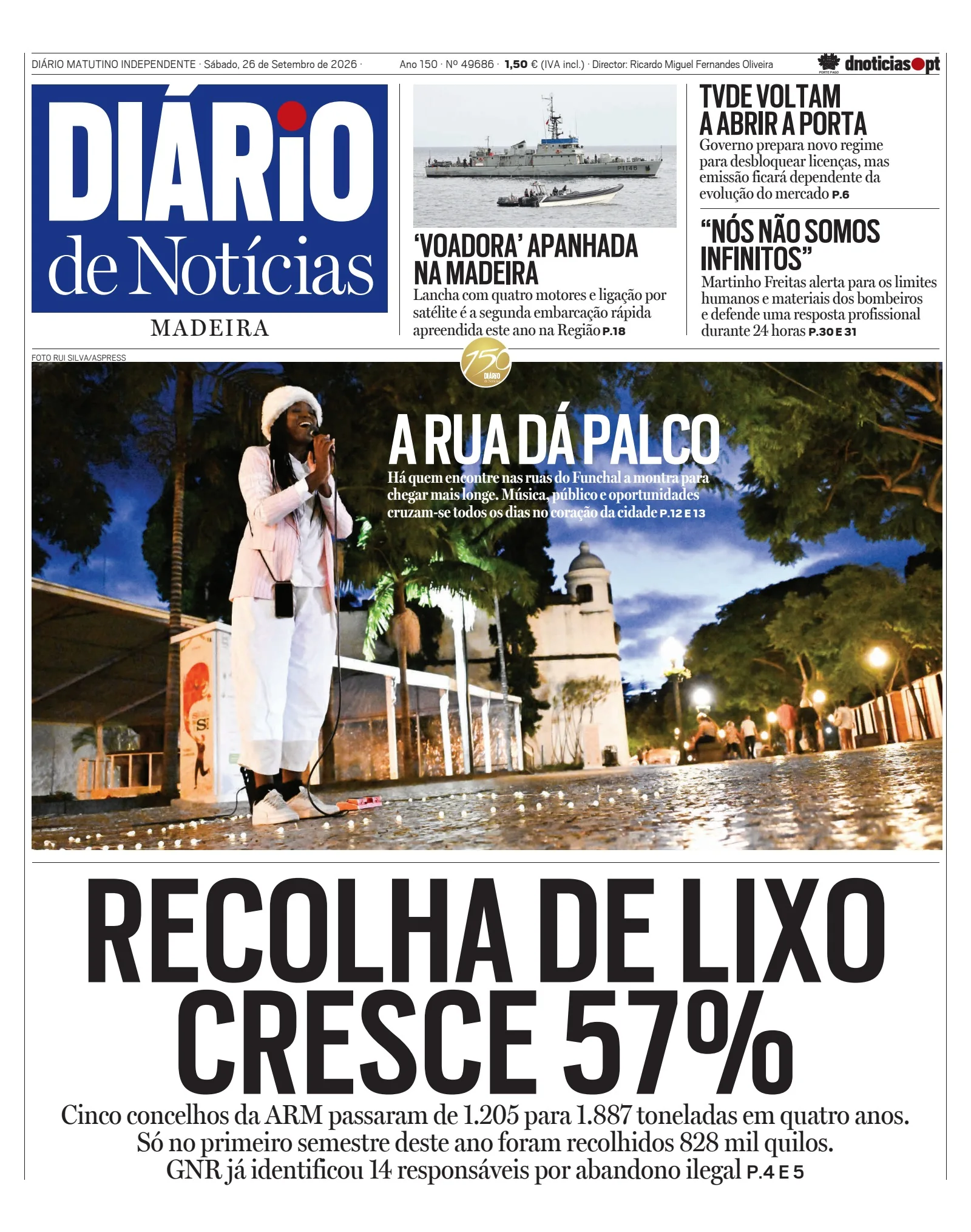 Capa do Diário de Notícias da Madeira de sábado, 26 de setembro de 2026