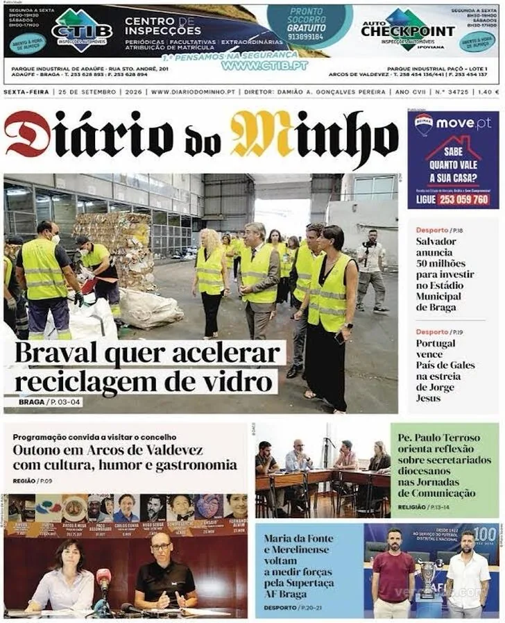 Capa do Diário do Minho de sábado, 26 de setembro de 2026