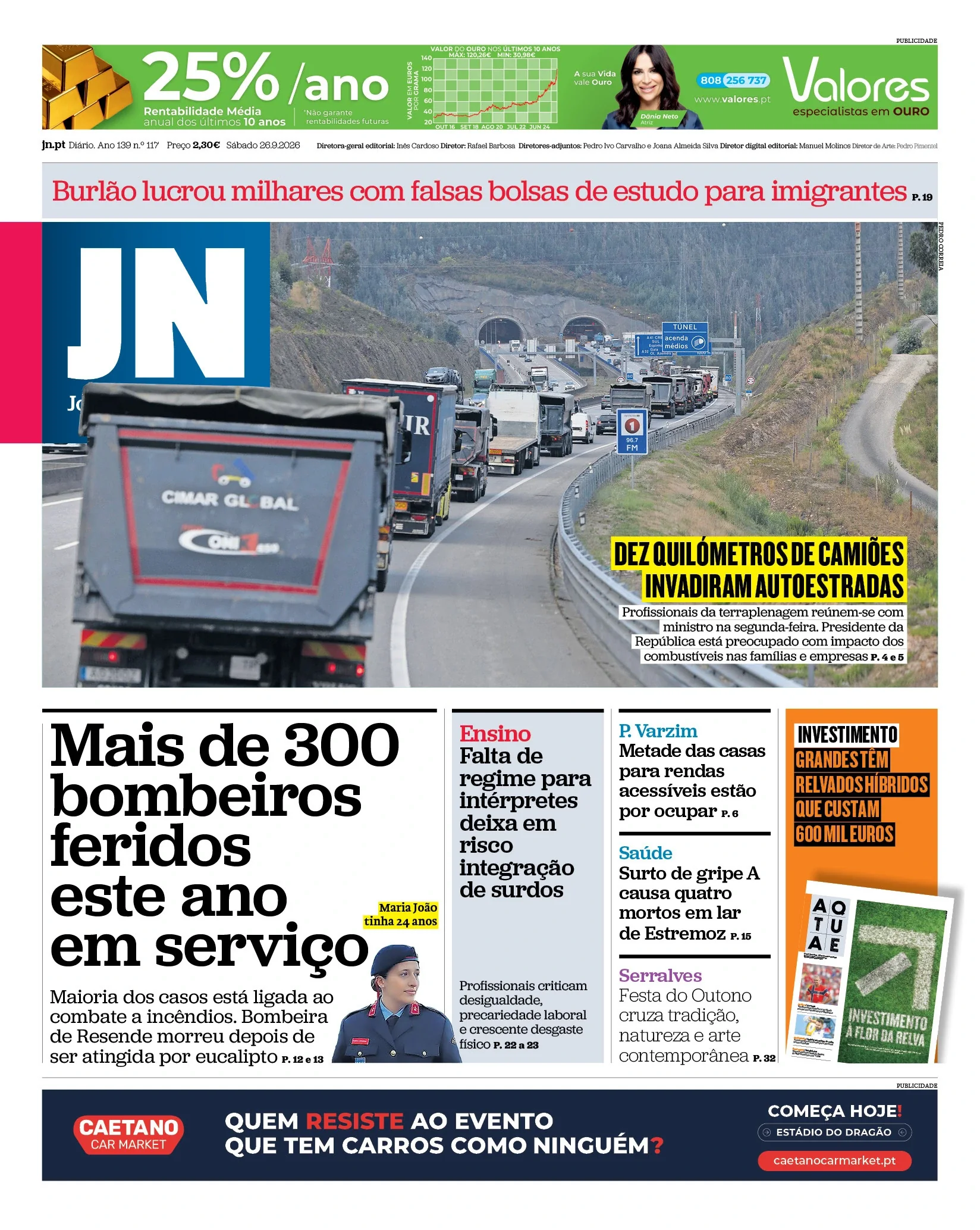 Capa do Jornal de Notícias de sábado, 26 de setembro de 2026