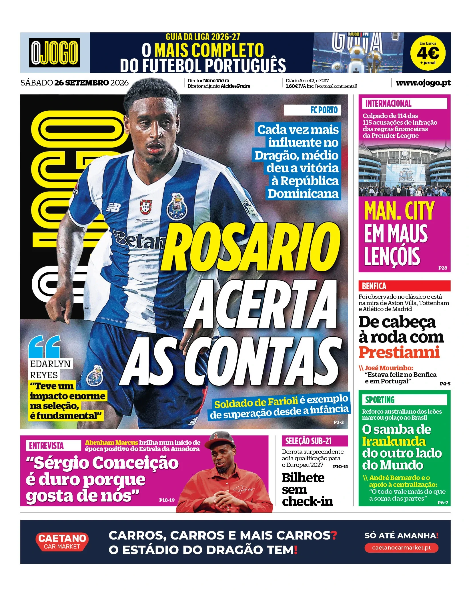 Capa do O Jogo de sábado, 26 de setembro de 2026