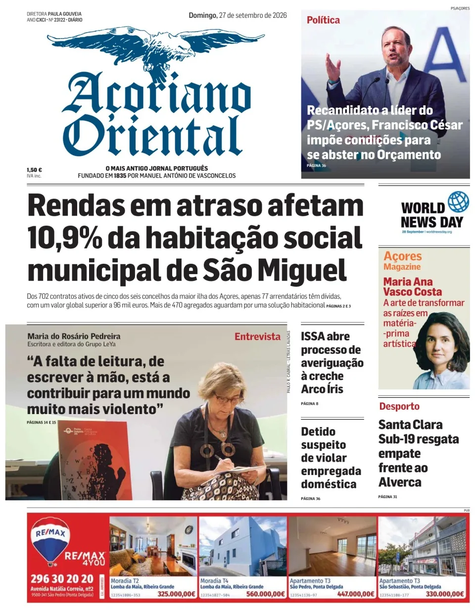 Capa do Açoriano Oriental de domingo, 27 de setembro de 2026