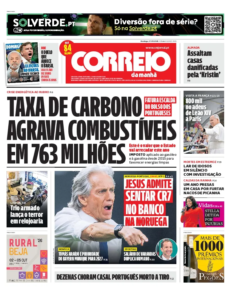 Capa do Correio da Manhã de domingo, 27 de setembro de 2026