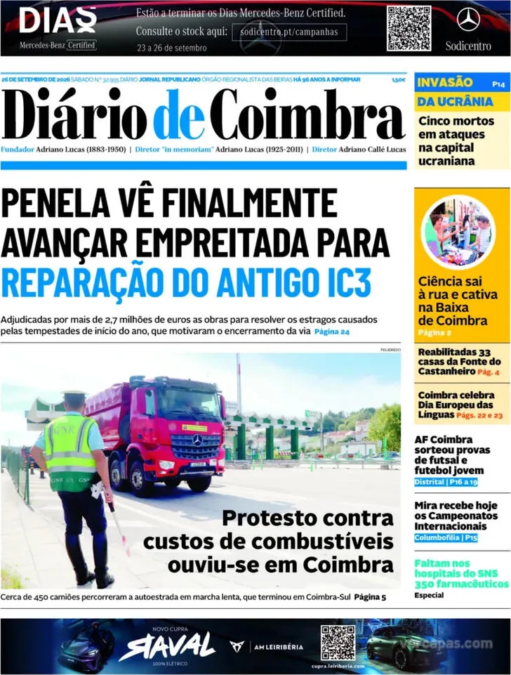 Capa do Diário de Coimbra de domingo, 27 de setembro de 2026