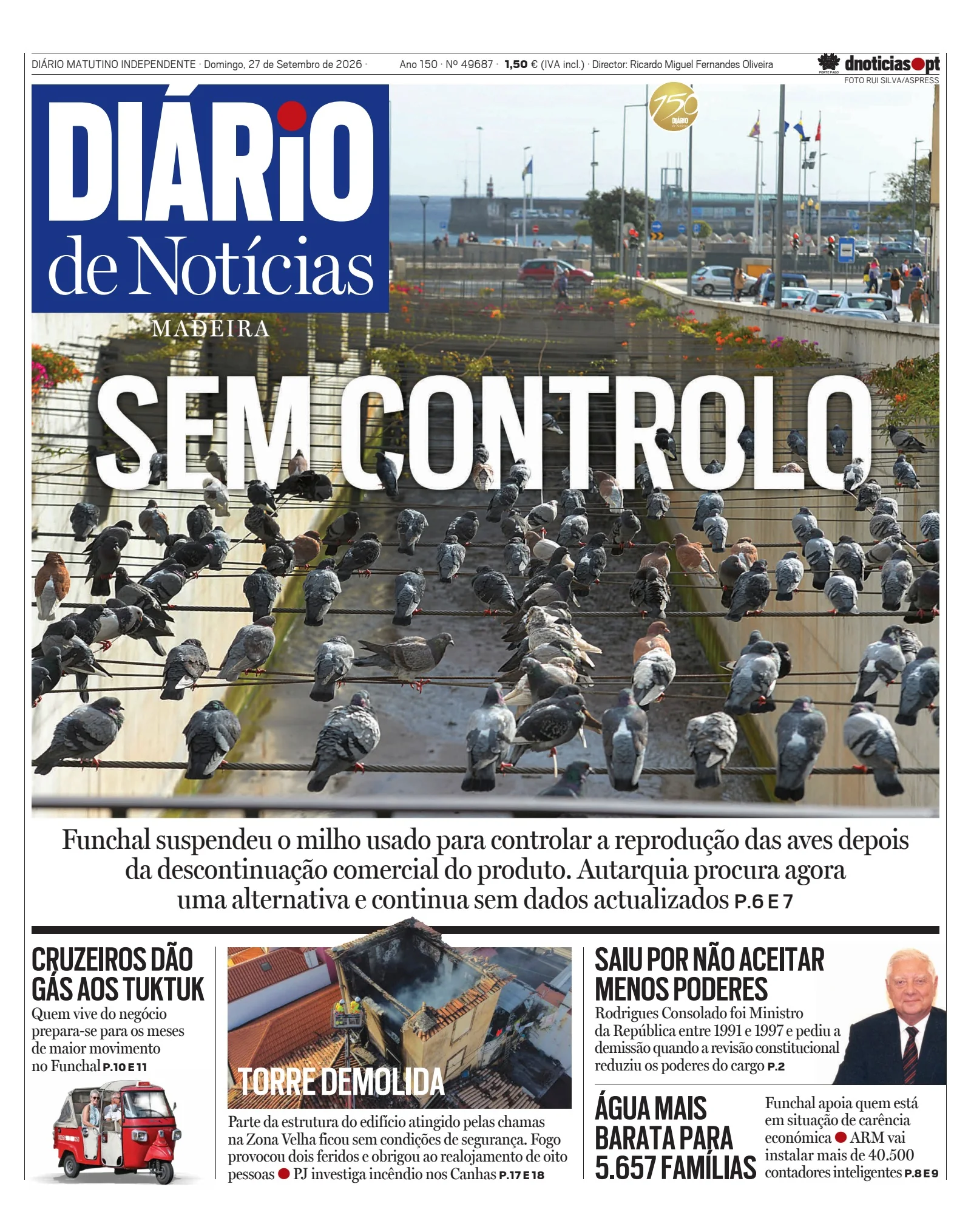 Capa do Diário de Notícias da Madeira de domingo, 27 de setembro de 2026