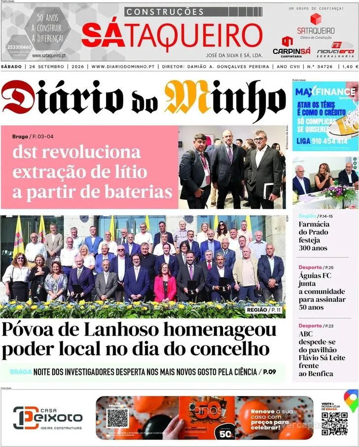 Capa do Diário do Minho de domingo, 27 de setembro de 2026