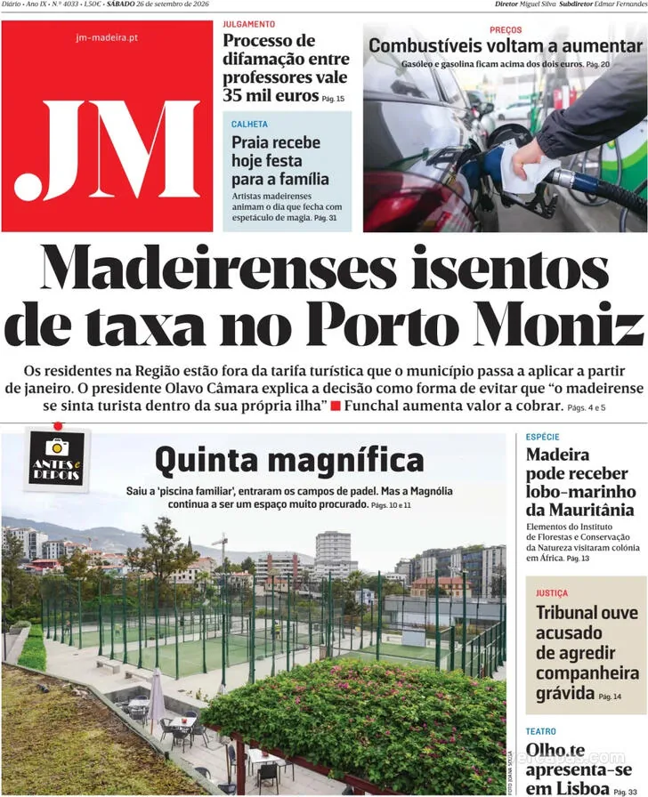 Capa do Jornal da Madeira de domingo, 27 de setembro de 2026